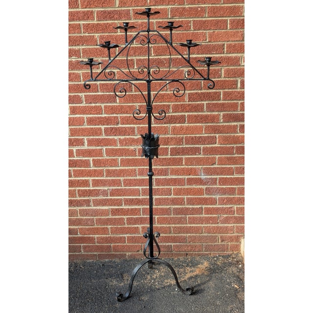 Antique Black Wrought Iron Floor Standing Candlabra For Sale In Washington DC - Image 6 of 11