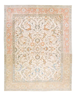 Beige Antique Persian Tabriz Handmade Medallion Floral Motif Wool Rug