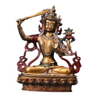 Late 20th Century Gilt Bronze Manjushri Statue Bodhisattva Sword Lotus Sculpture 7.9" For Sale