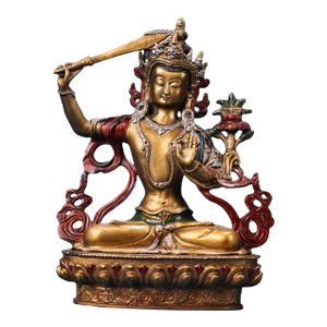 Late 20th Century Gilt Bronze Manjushri Statue Bodhisattva Sword Lotus Sculpture 7.9"