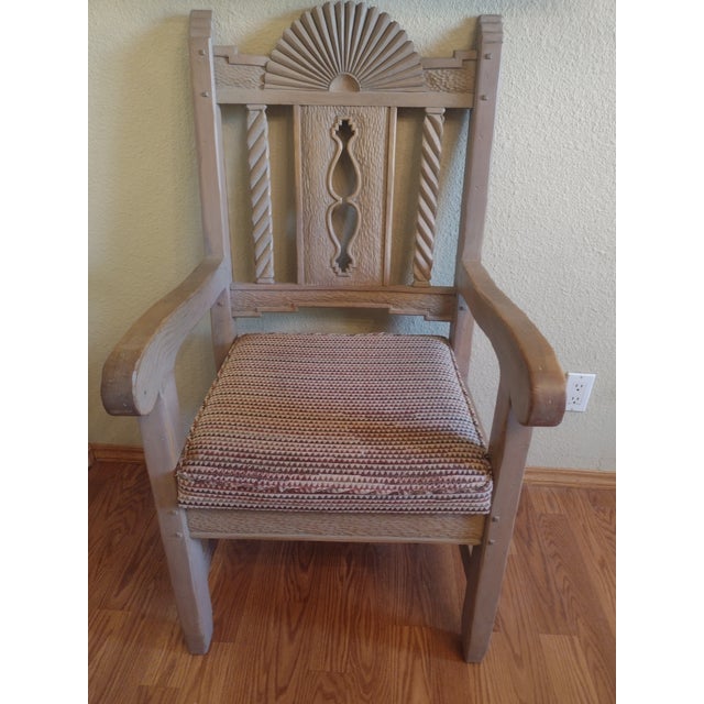 Rustic Late 20th Century Ernest Thompson Santa Fe Style - Southwest Carved Wood Armchair With Sunburst Back For Sale - Image 3 of 13