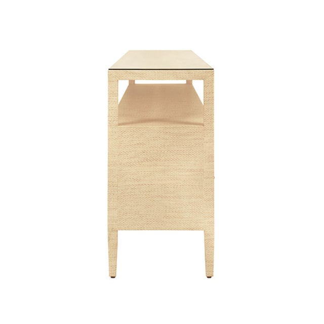 2020s Matthew Izzo Home Jordan Natural Grasscloth Six Drawer Console Table With Glass Top and Polished Brass Knobs For Sale - Image 5 of 6