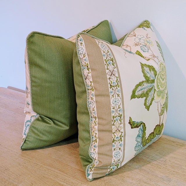 Brunschwig & Fils Bellary Floral pillows in Aqua/Taupe, with a multi braided cord from Samuel & Sons, and coordinating...