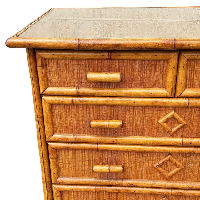 Wood 1900-1909 Aesthetic Movement Tortoise Bamboo & Grassmat 5 Drawer Tallboy Dresser For Sale - Image 7 of 10