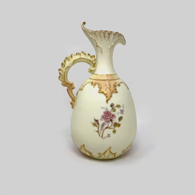 Light Yellow Antique Hand Painted Porcelain Ewer Pitcher Vase Floral Rose Gilt Accent 9.5” For Sale - Image 8 of 8