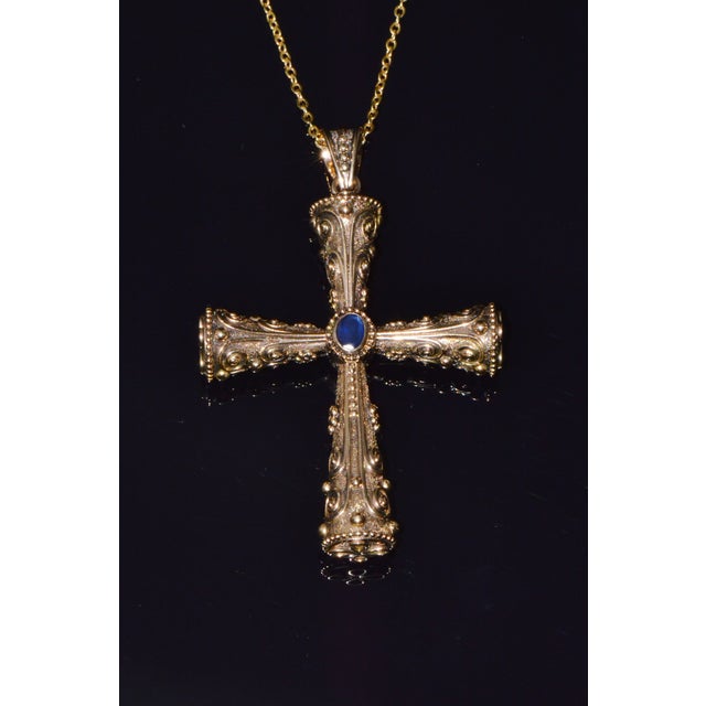 Certified Natural 0.88Cts Diamond Sapphire 18k 750 Solid Gold Filigree Cross Byzantine Greek Reversible 2-in- 1 Pendant For Sale In Dallas - Image 6 of 12