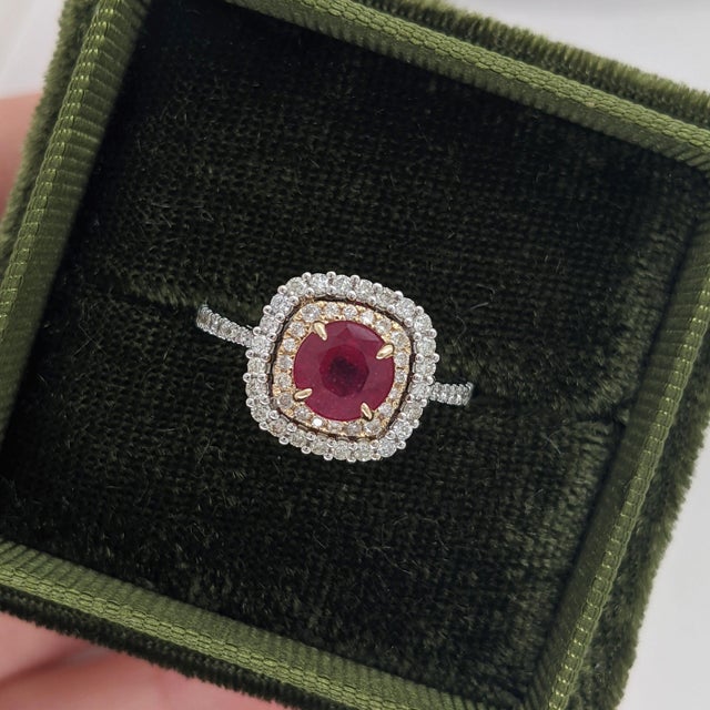 Statement Ruby Ring With a Double Halo of Diamonds: Solid 14k Gold, 6mm, Size 6.75 For Sale - Image 4 of 9