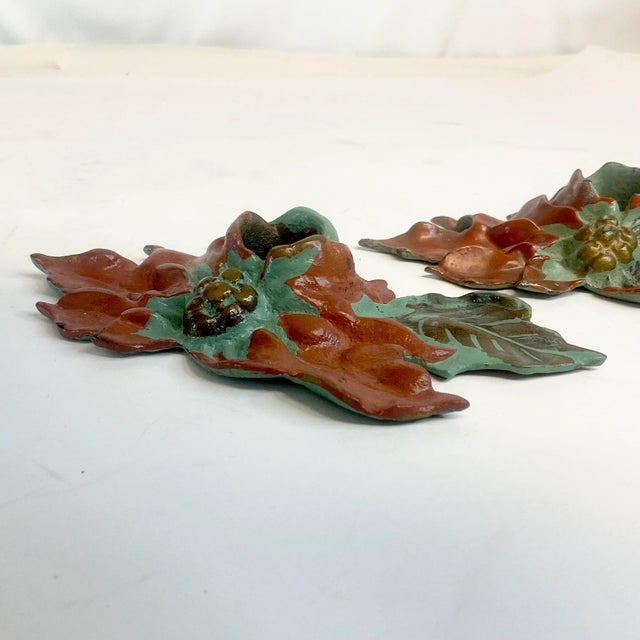 Metal 1922 Antique Boho Chic Americana Cast Iron Poinsettia Candle Holders - A Pair, Christmas For Sale - Image 7 of 11