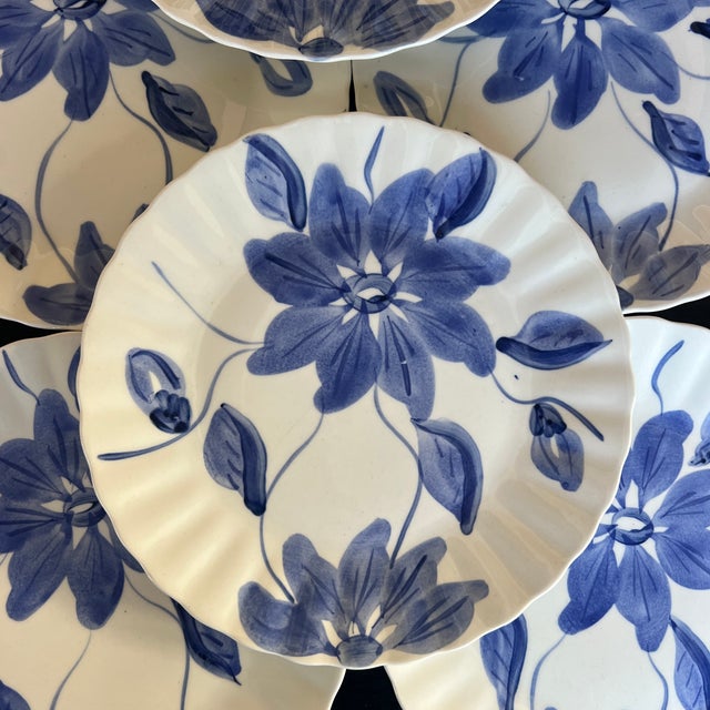 Antique Blue Ridge Southern Potteries Hand Painted Blue and White Flower Plates - Set of 8 For Sale - Image 4 of 6