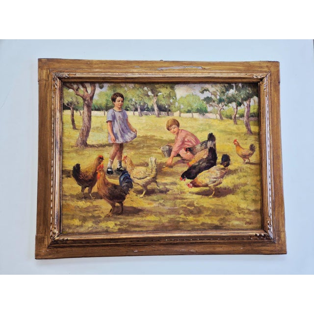 Lo Presti, Children with Chickens, 1920s, Oil Painting on Canvas, Framed For Sale - Image 15 of 15