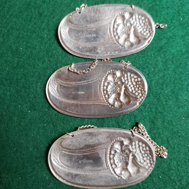 Art Deco sterling silver decanter tags, Bourbon, gin and Brandy c 1940