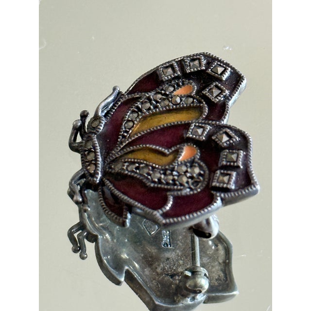 Mid Century Sterling Silver JMS Enamel and Marcasite Butterfly Brooch For Sale - Image 4 of 13