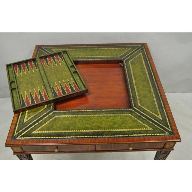 Wood Maitland Smith Marquetry Inlay Leather Mahogany Game Table & 4 Shield Back Chair For Sale - Image 7 of 18