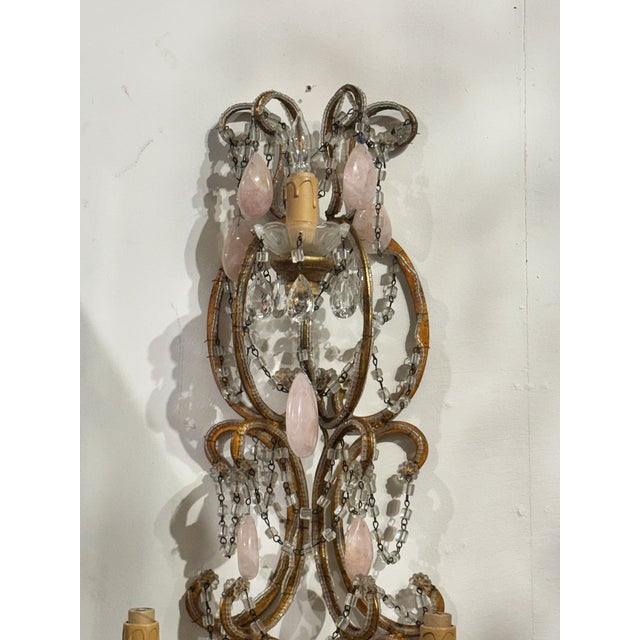 Early 20th Century Pair of Italian Large Scale Beaded and Rose Quartz Sconces For Sale - Image 5 of 6