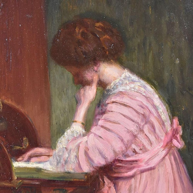 Henri-Charles Angéniol, Young Woman Reading, Oil on Wood, 20th Century, Framed For Sale - Image 3 of 9
