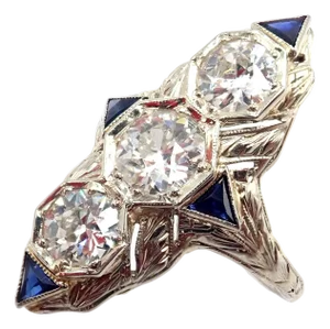 Vintage Estate White Gold Diamond Sapphire Art Deco Ring, Size 7