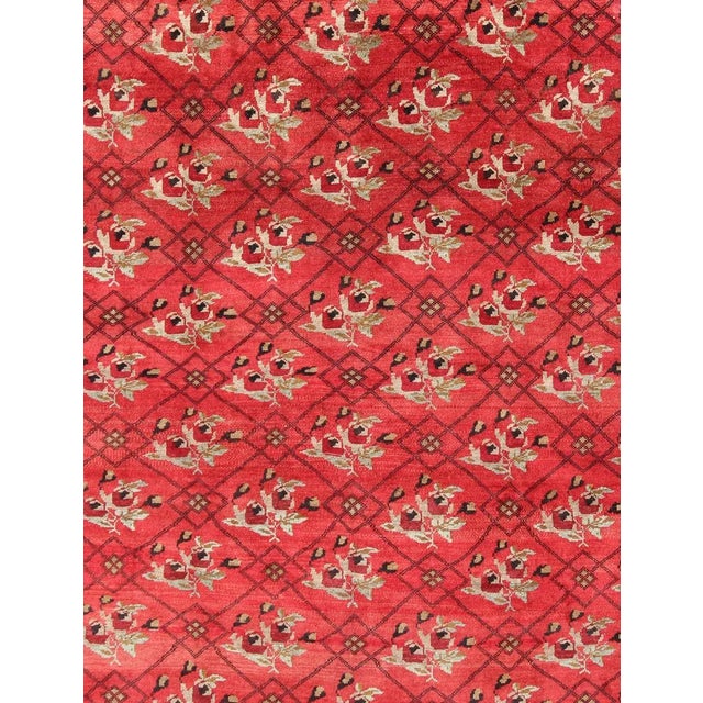 Traditional Mid 20th Century Vintage Turkish Konya Rug in Regal Red and Black Latticework Pattern For Sale - Image 3 of 7