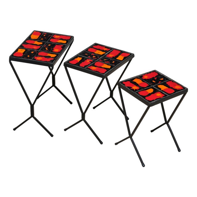 French Modern Nesting Tables with Red and Orange Ceramic Tile Tops, 1950s, Set of 3 For Sale
