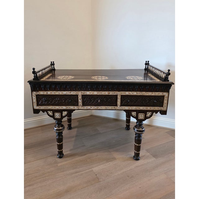Moorish Style Antique Mother's of Pearl Inlaid Ebonized Carved Wood Library Table Desk in the Manner of Carlo Bugatti For Sale - Image 9 of 18