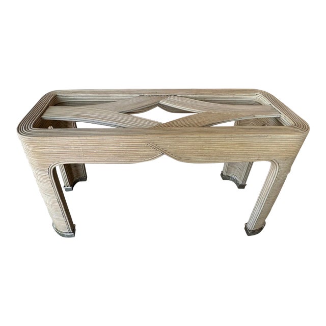 Vintage Palm Beach Pencil Reed Rattan Bamboo Console Sofa Table Brass Feet For Sale