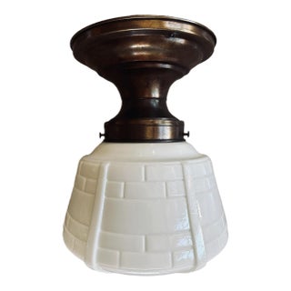 Cased Art Deco Tile Pattern White Glass Flushmount Fixture With Old Brass Holder Circle 1930 For Sale