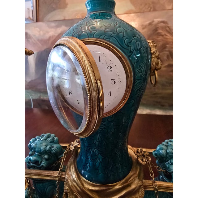 Metal Antique Chinese Porcelain Bronze Clock Set For Sale - Image 7 of 16