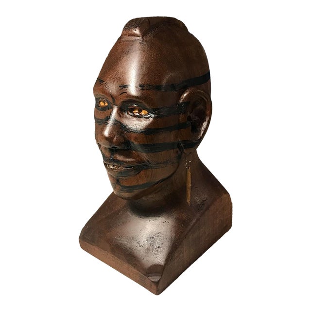 Rare Vintage Hand Carved Wooden Bust of a Native American Tribal Man 7.5" For Sale