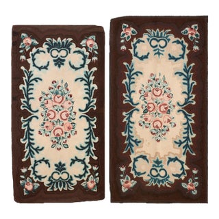1930s Ivory Floral Folk Art Antique American Hooked Rug 3'3" X 6'1" Handknotted Wool Carpet For Sale