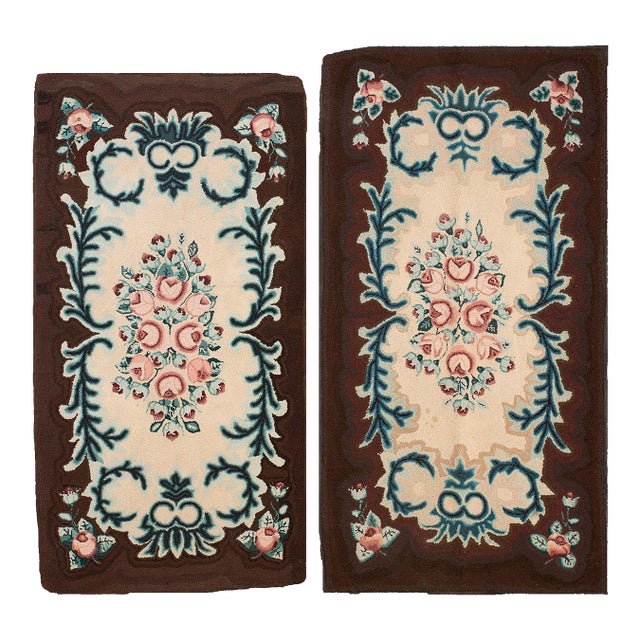 1930s Ivory Floral Folk Art Antique American Hooked Rug 3'3" X 6'1" Handknotted Wool Carpet For Sale