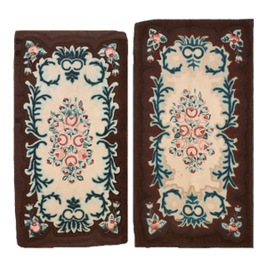 1930s Ivory Floral Folk Art Antique American Hooked Rug 3'3" X 6'1" Handknotted Wool Carpet