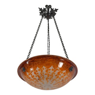 French Art Deco Pendant Light by Le Verre Francais Schneider - 1925 Cameo Chandelier France For Sale