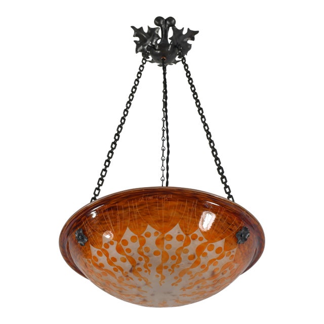 French Art Deco Pendant Light by Le Verre Francais Schneider - 1925 Cameo Chandelier France For Sale
