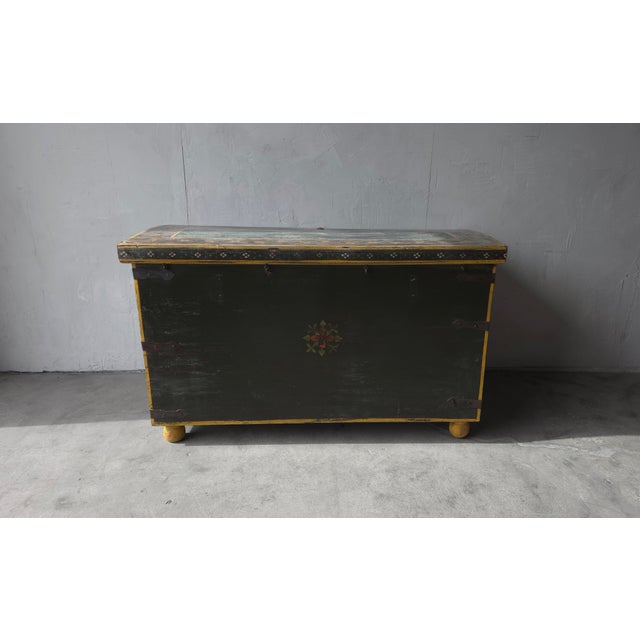 Wood Huge Hand Painted 19th Century Indian Wedding Dowry Trunk For Sale - Image 7 of 15