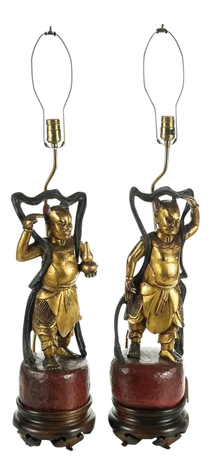 Chinese Carved Gilt Wood Figural Lamps - A Pair