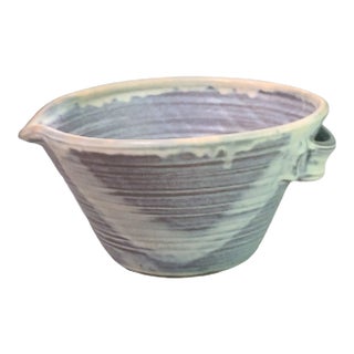 Late 20th Century Studio Pottery Signed Blue Drip Mixing Bowl Attached Handle Pinched Spout Signed For Sale