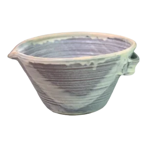 Late 20th Century Studio Pottery Signed Blue Drip Mixing Bowl Attached Handle Pinched Spout Signed