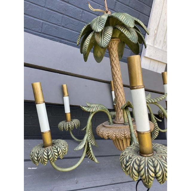 Vintage Tole Metal Palm Beach Tropical Hollywood Regency-Style Tole Palm Tree Chandelier Featuring Green-Painted Metal Fronds and Faux-Candle Arms For Sale - Image 4 of 12