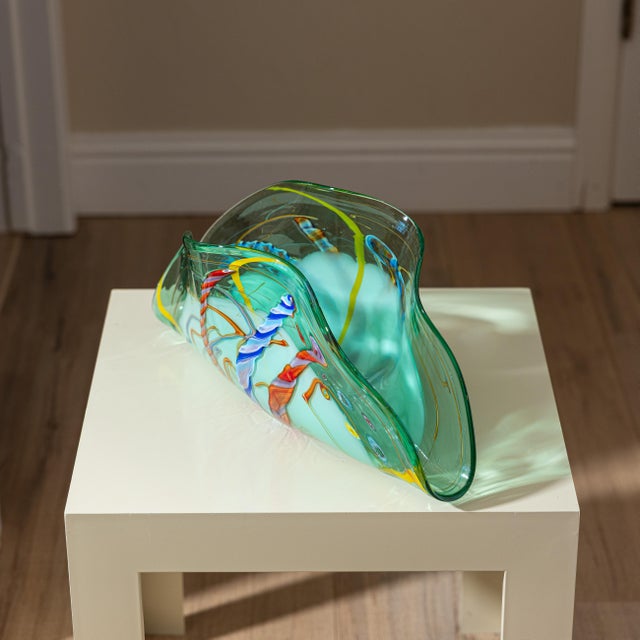 Viz Art Glass Green Fan Sculptural Blown Glass Vessel For Sale - Image 9 of 10