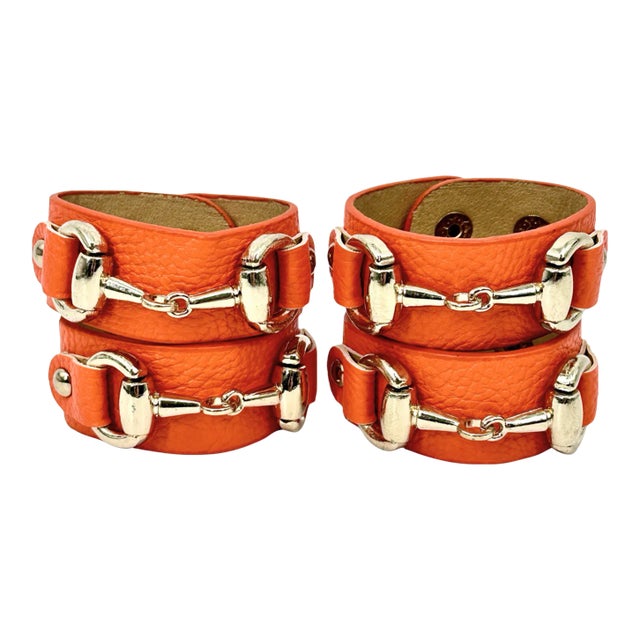 Set of 4 Orange Leather Napkin Rings With Horsebit Detail by Julian Mejia Design For Sale