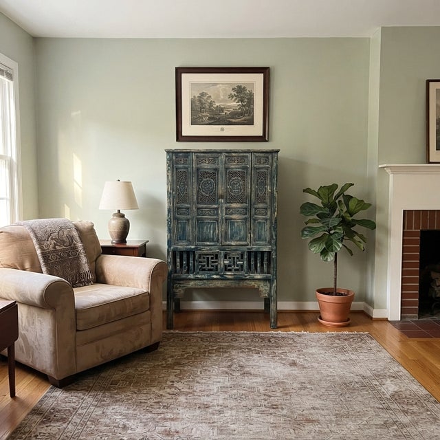 Teal Vintage Distressed Teal Blue Oriental Carving Storage Cabinet For Sale - Image 8 of 12