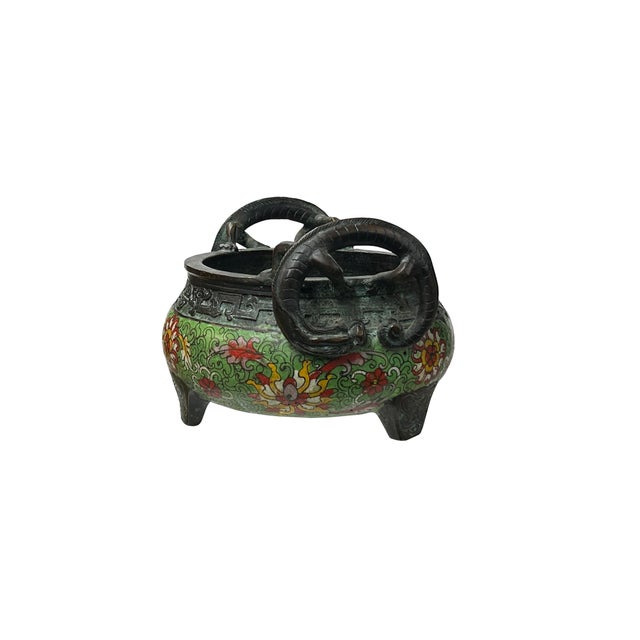 Vintage Light Green Enamel Metal Round Ding Shape Incense Burner Display Art For Sale - Image 4 of 8