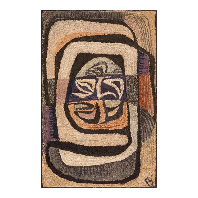1930s Multicolor Abstract Antique American Hooked Rug 3' X 4'7" Handknotted Wool Carpet For Sale
