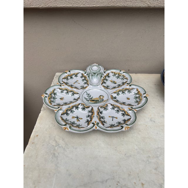French Faience Swan Oyster Plate Saint Clement, circa 1890. Each shells is decorated with a differents insects, Rustic,...