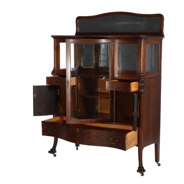 1900-1909 Attributed to Rj Horner Figural Carved Oak Server, Griffins & Full Serpentine Glass For Sale - Image 4 of 17