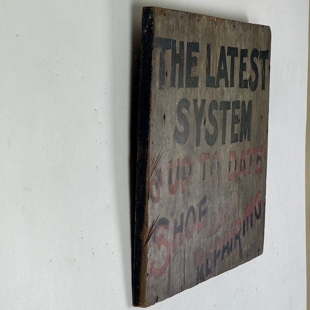 Wood Superb 19th Century Wood Trade Sign Advertising Latest System for Shoe Repairing For Sale - Image 7 of 12
