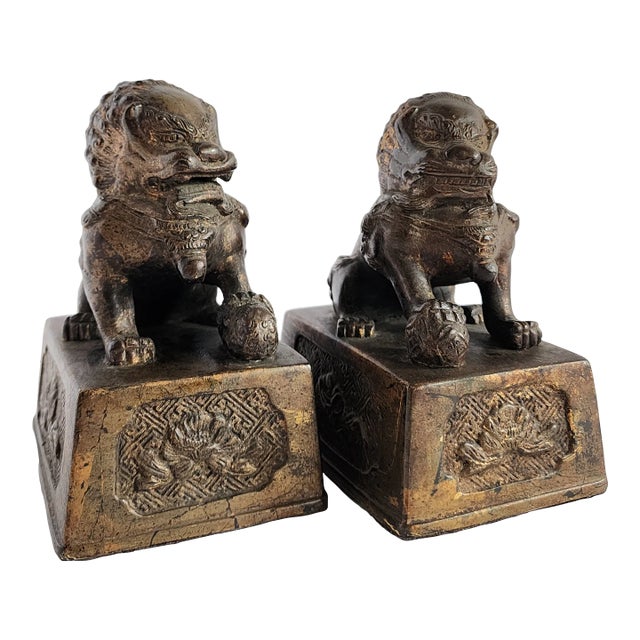 Antique Gilt Bronze Chinese Foo Dogs-A Pair For Sale