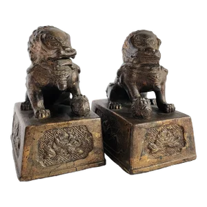 Antique Gilt Bronze Chinese Foo Dogs-A Pair