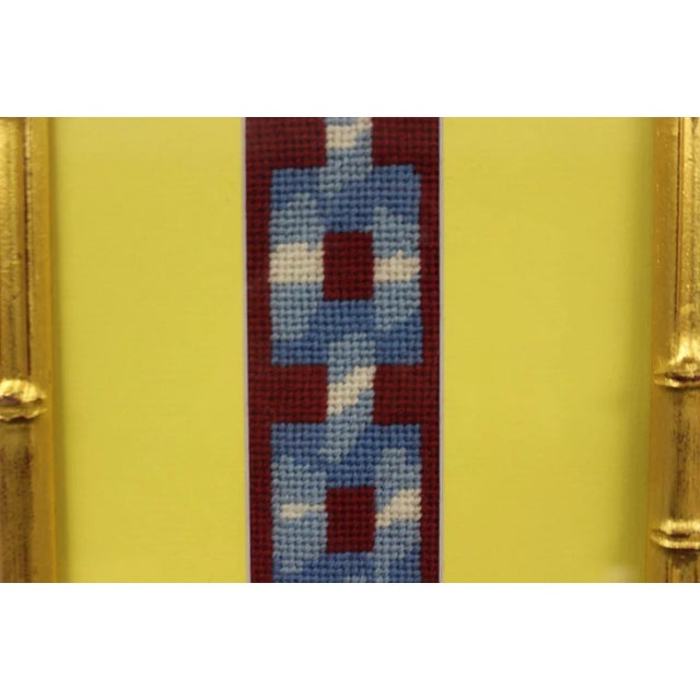 Fabulous c1960s custom needlepoint (13) 'buckles' in a fun Palm Beach yellow mat & gilt bamboo frame! Art: 2 x 32 1/2...