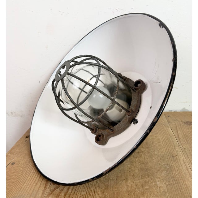 Industrial Black Enamel and Cast Iron Cage Pendant Light from Elektrosvit, 1960s For Sale - Image 18 of 18