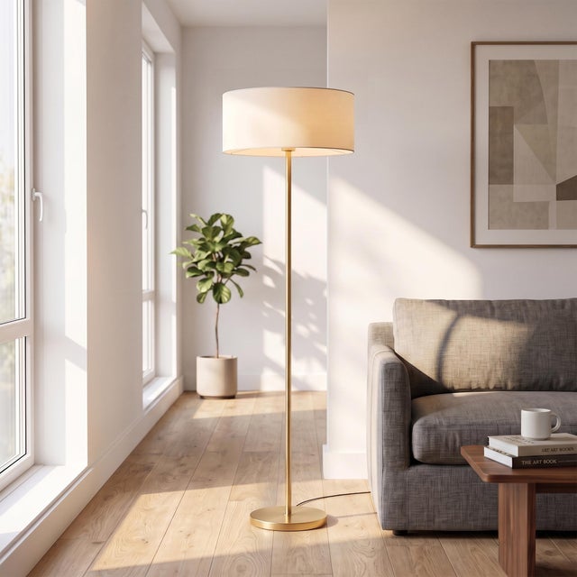 Nova of California Slimline Floor Lamp with White Linen Drum Shade - Weathered Brass Pole with Black Marble Base -...
